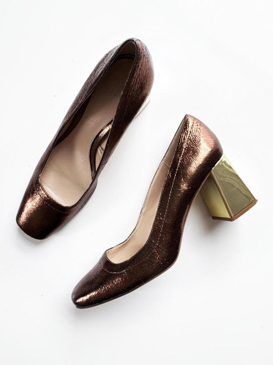 zara leather bronze metallic square toe pump - good market thrift store