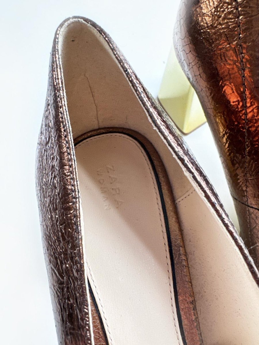 zara leather bronze metallic square toe pump - good market thrift store