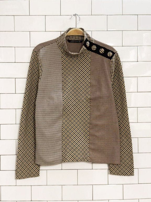 zara patchwork plaid houndstooth high neck top - good market thrift store