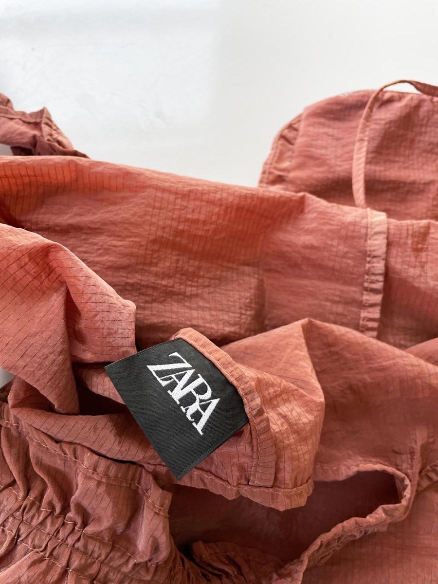 zara ruffle strap nylon packable tote bag + zip pouch - good market thrift store