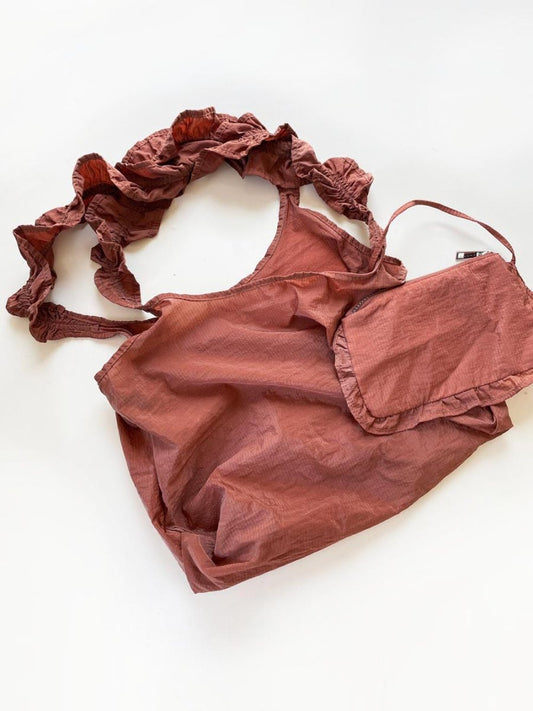 zara ruffle strap nylon packable tote bag + zip pouch - good market thrift store