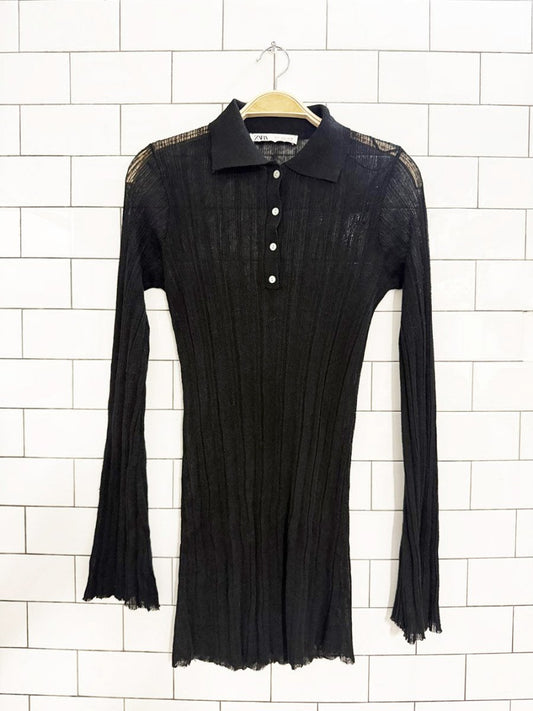 zara sheer ribbed knit 1/2 button mini dress - good market thrift store