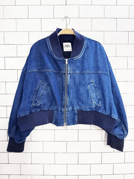 zara two-tone puff batwing cropped denim jacket - good market thrift store