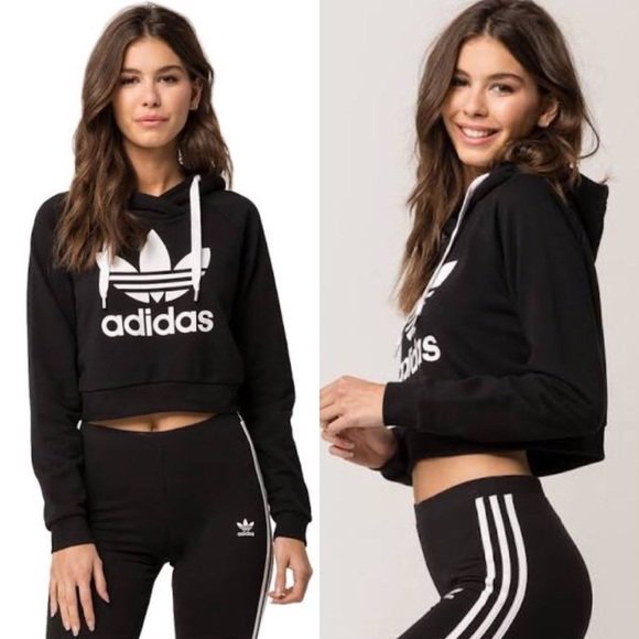 adidas big trefoil cropped black hoodie - size medium