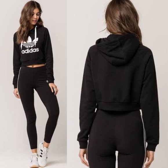 adidas big trefoil cropped black hoodie - size medium