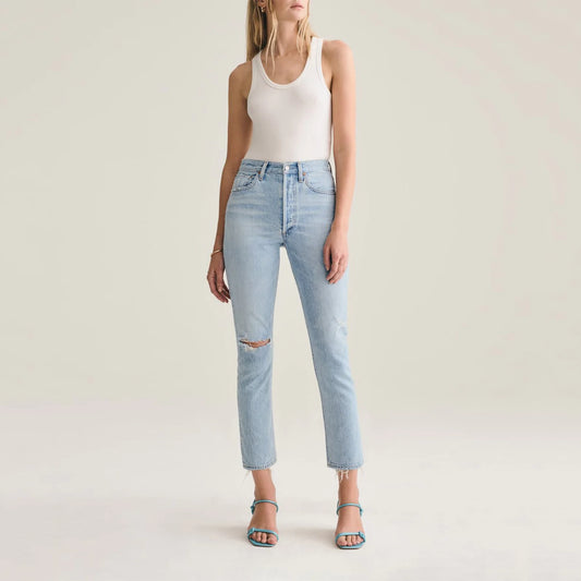 agolde riley crop high rise straight shatter button fly jeans - size 23