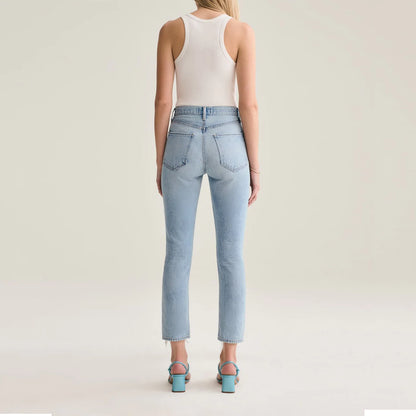 agolde riley crop high rise straight shatter button fly jeans - size 23