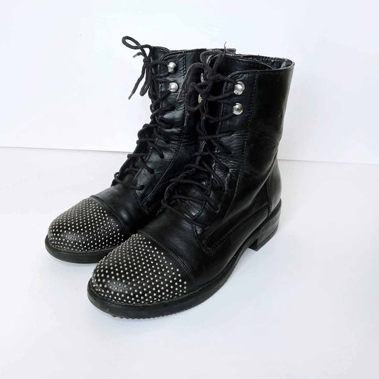 aldo black leather lace-up moto boots with studded toe - size 38
