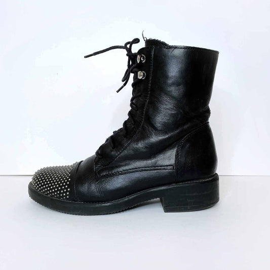 aldo black leather lace-up moto boots with studded toe - size 38