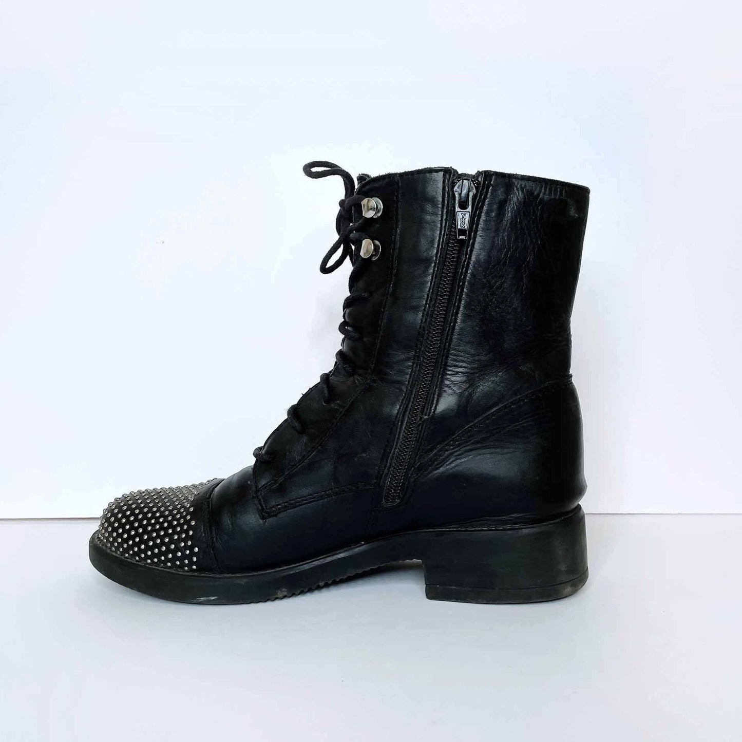 aldo black leather lace-up moto boots with studded toe - size 38