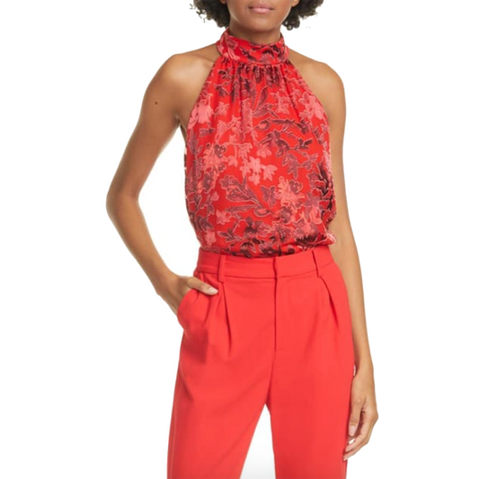 alice + olivia ingrid floral print satin-silk halter top - size small