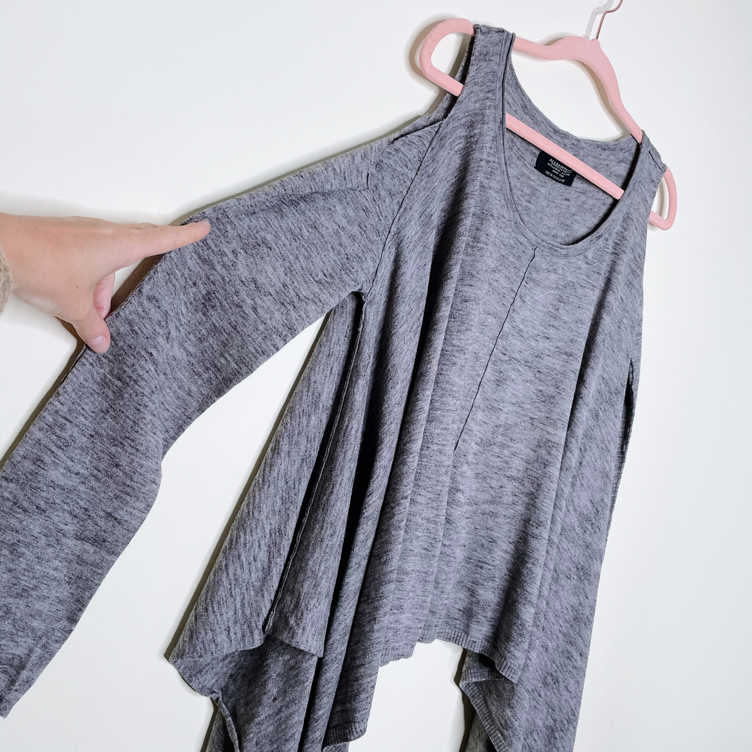 all saints grey disclose cold shoulder sweater size 10 good market thrift store
