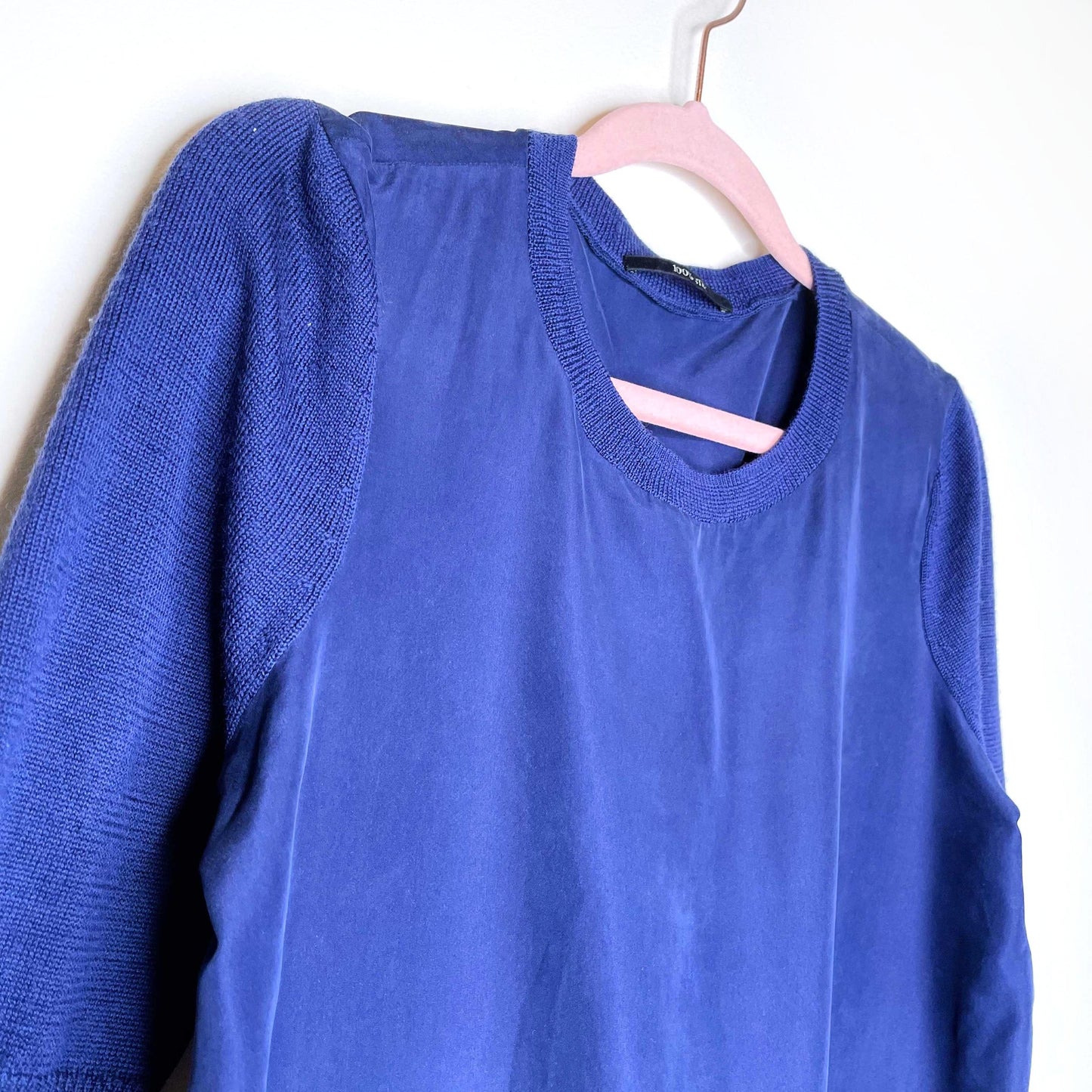 all saints blue silk dress with wool knit sleeves and hem - size small