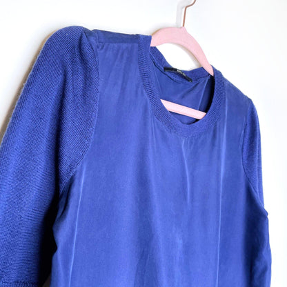all saints blue silk dress with wool knit sleeves and hem - size small