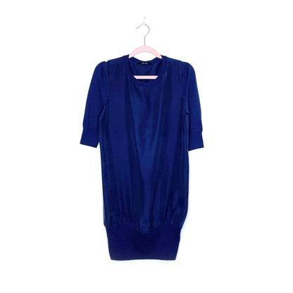 all saints blue silk dress with wool knit sleeves and hem - size small