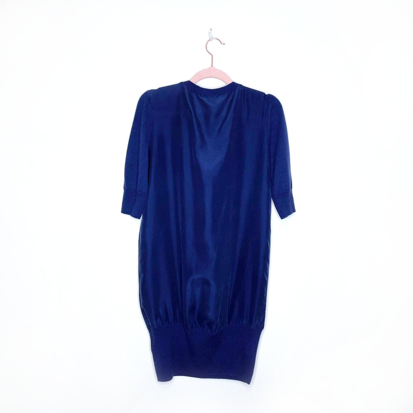 all saints blue silk dress with wool knit sleeves and hem - size small