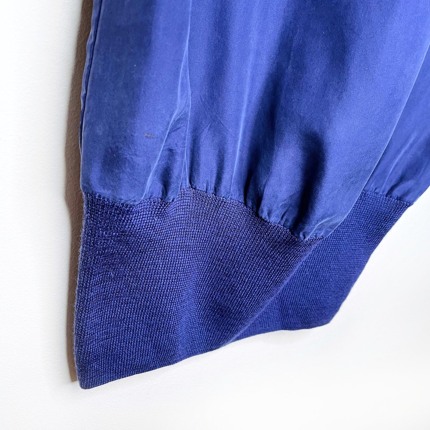 all saints blue silk dress with wool knit sleeves and hem - size small