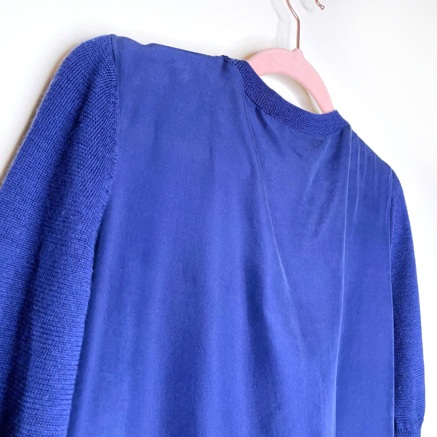 all saints blue silk dress with wool knit sleeves and hem - size small