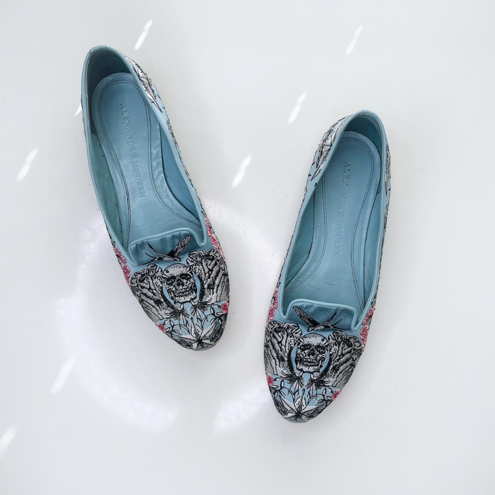 alexander mcqueen embroidered silk tiger skull smoking slippers - size 39.5