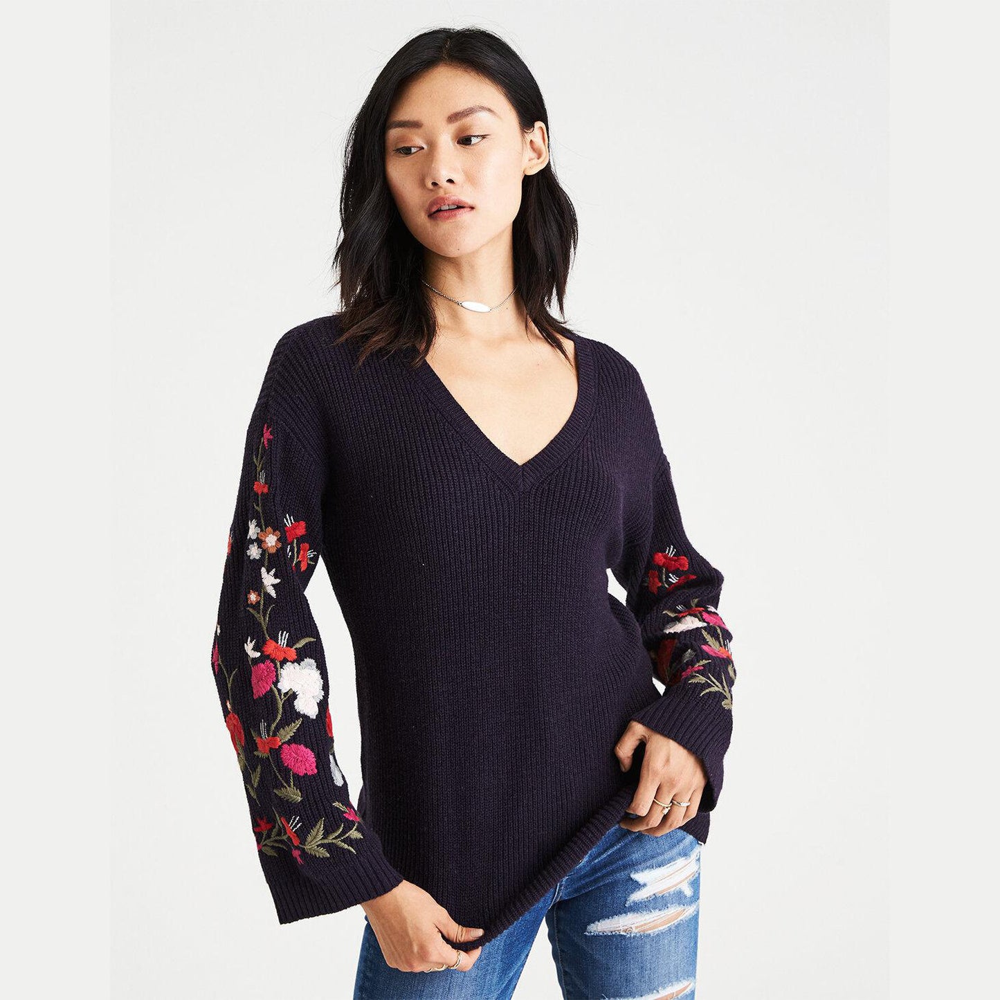 American Eagle Embroidered Sleeve Sweater - size Small