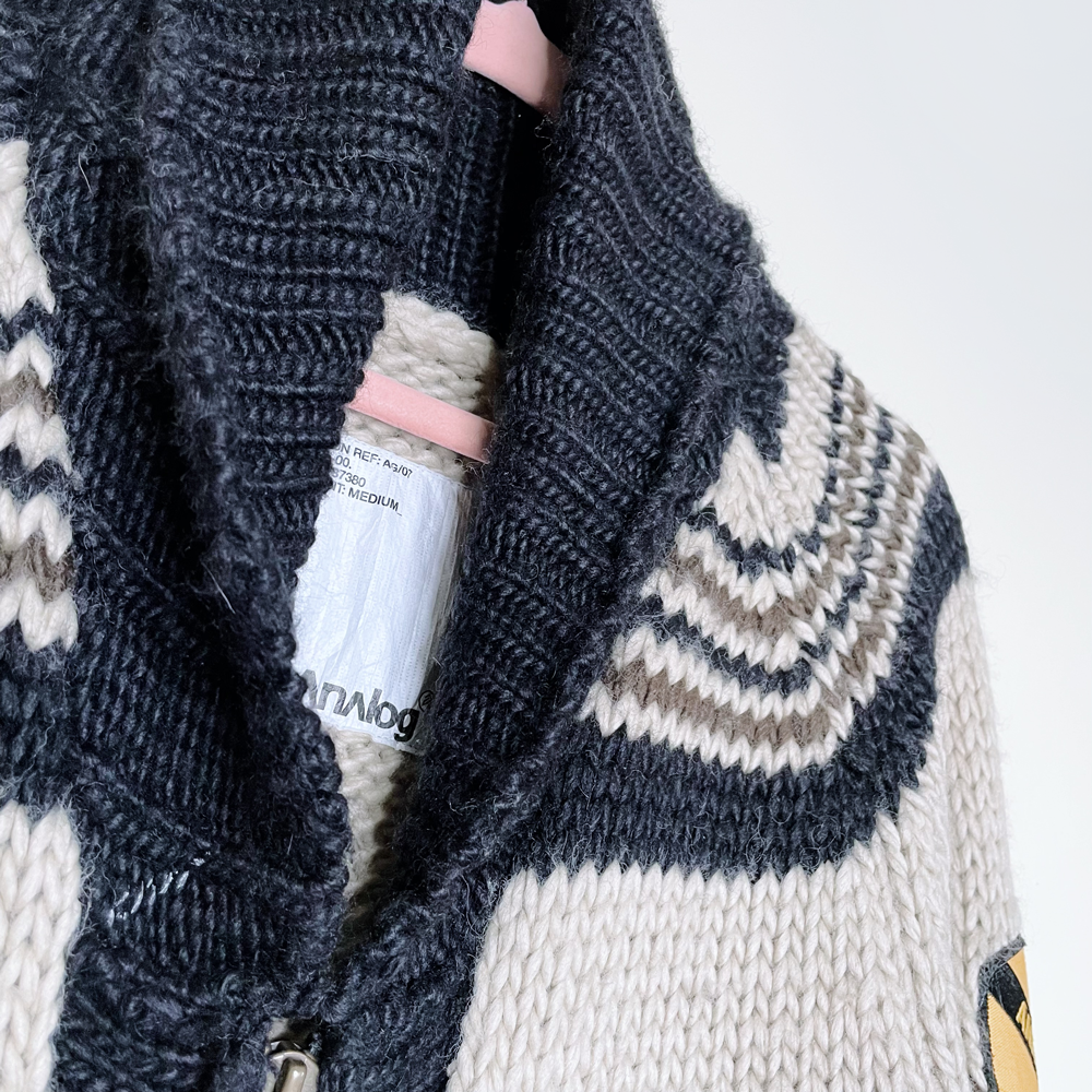 analog by burton knit wool blend indian chief cardigan with patch - size medium