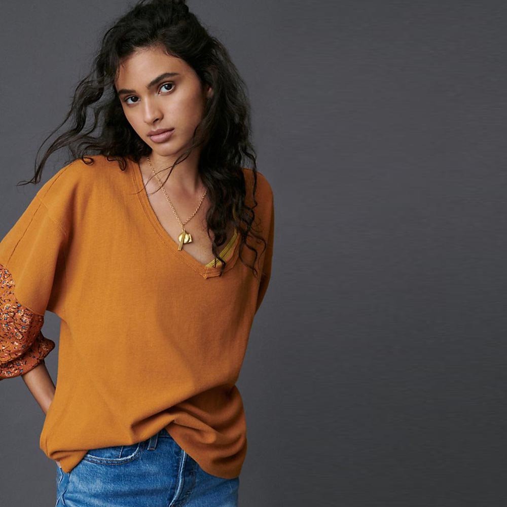 by anthropologie annette v-neck waffle top with floral sleeve - size xl