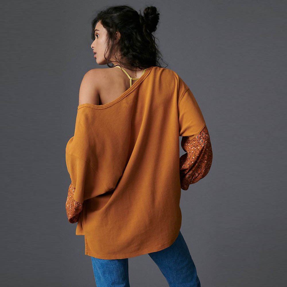 by anthropologie annette v-neck waffle top with floral sleeve - size xl