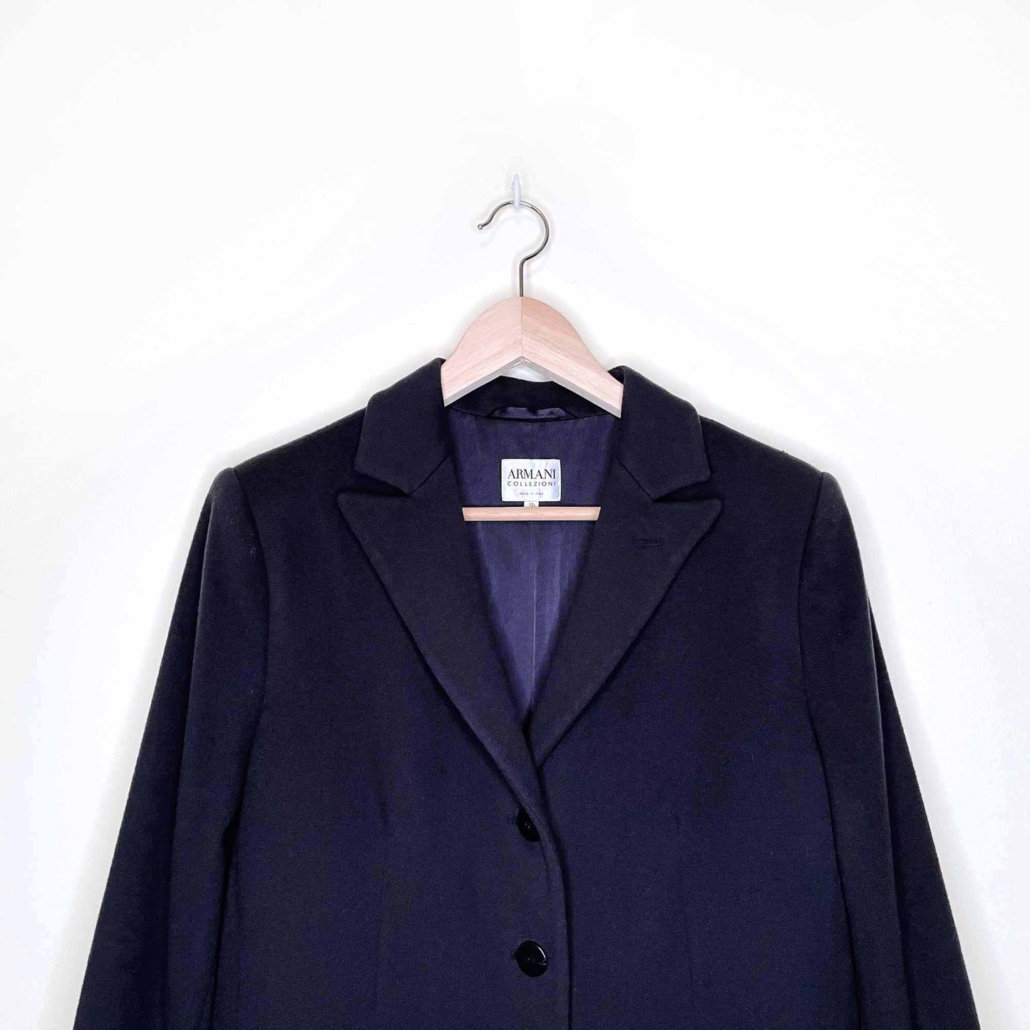 armani collezioni navy blue long wool overcoat - size 12
