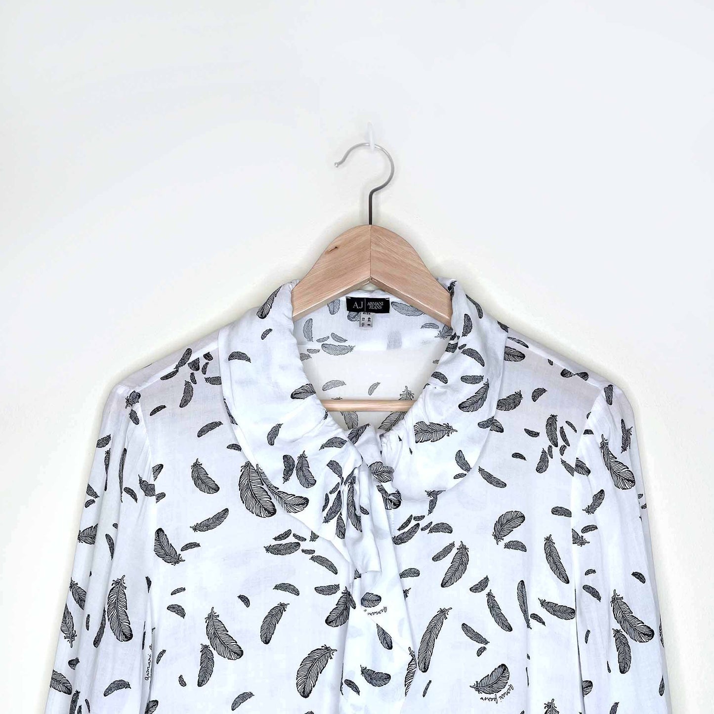 armani jeans ruffle collar drape feather button down blouse - size 8
