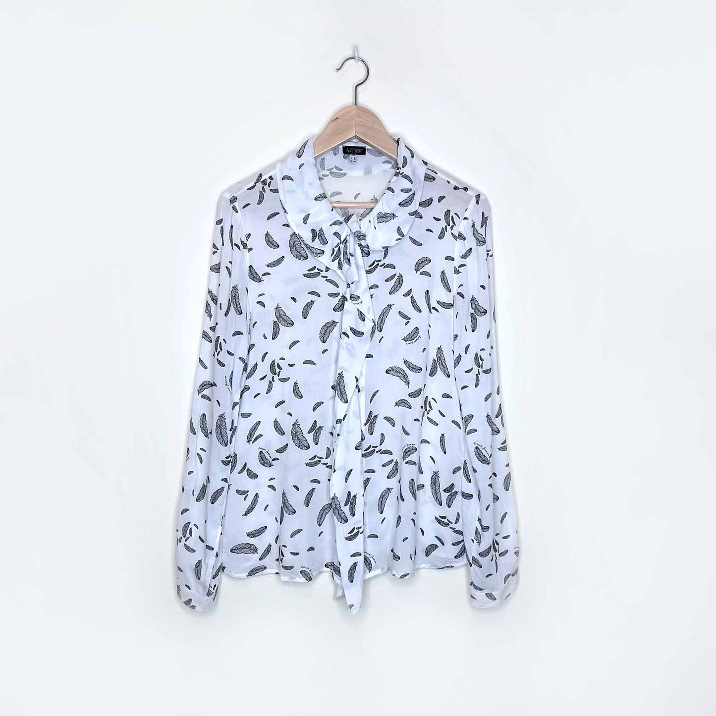 armani jeans ruffle collar drape feather button down blouse - size 8