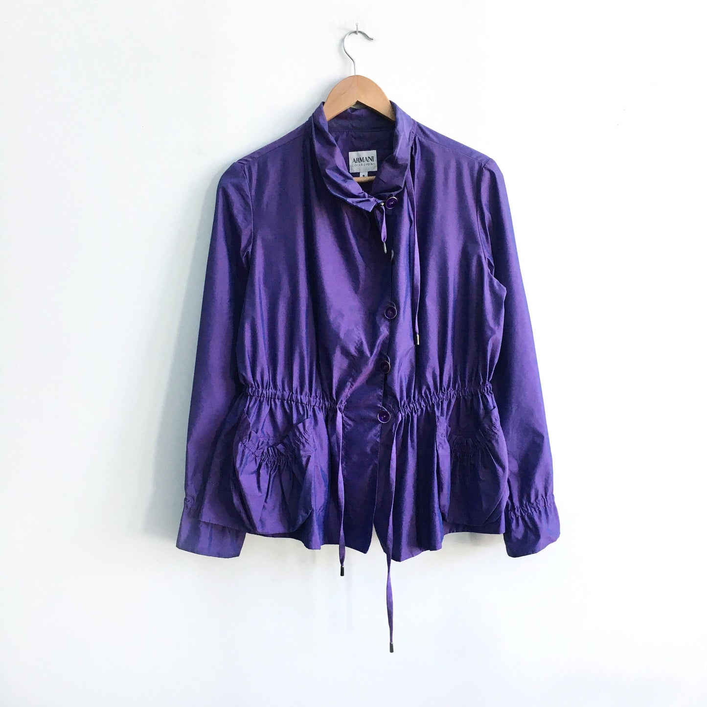 armani collezioni irredescent purple ruched waterproof jacket - size 8
