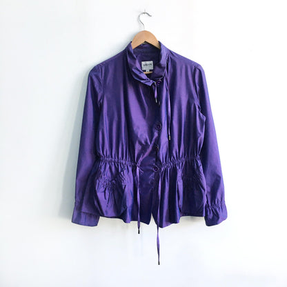 armani collezioni irredescent purple ruched waterproof jacket - size 8