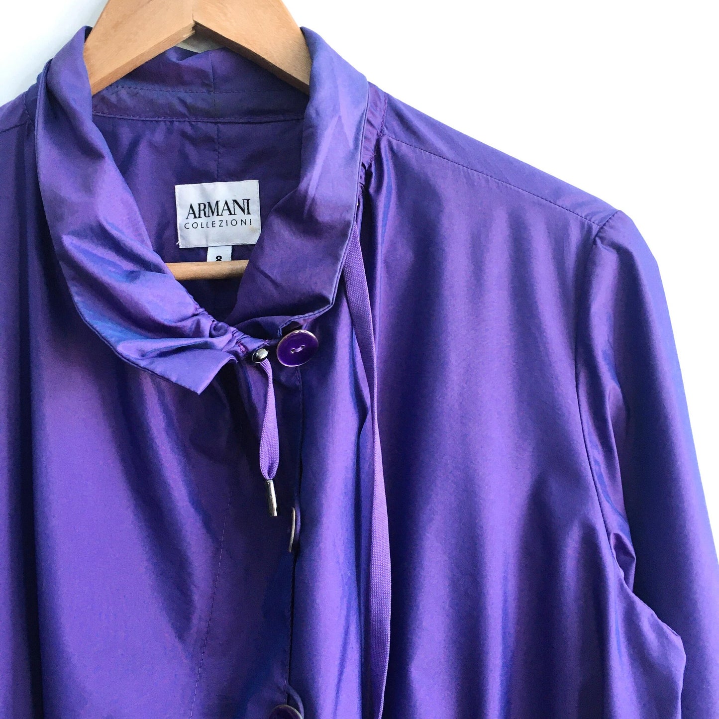 armani collezioni irredescent purple ruched waterproof jacket - size 8