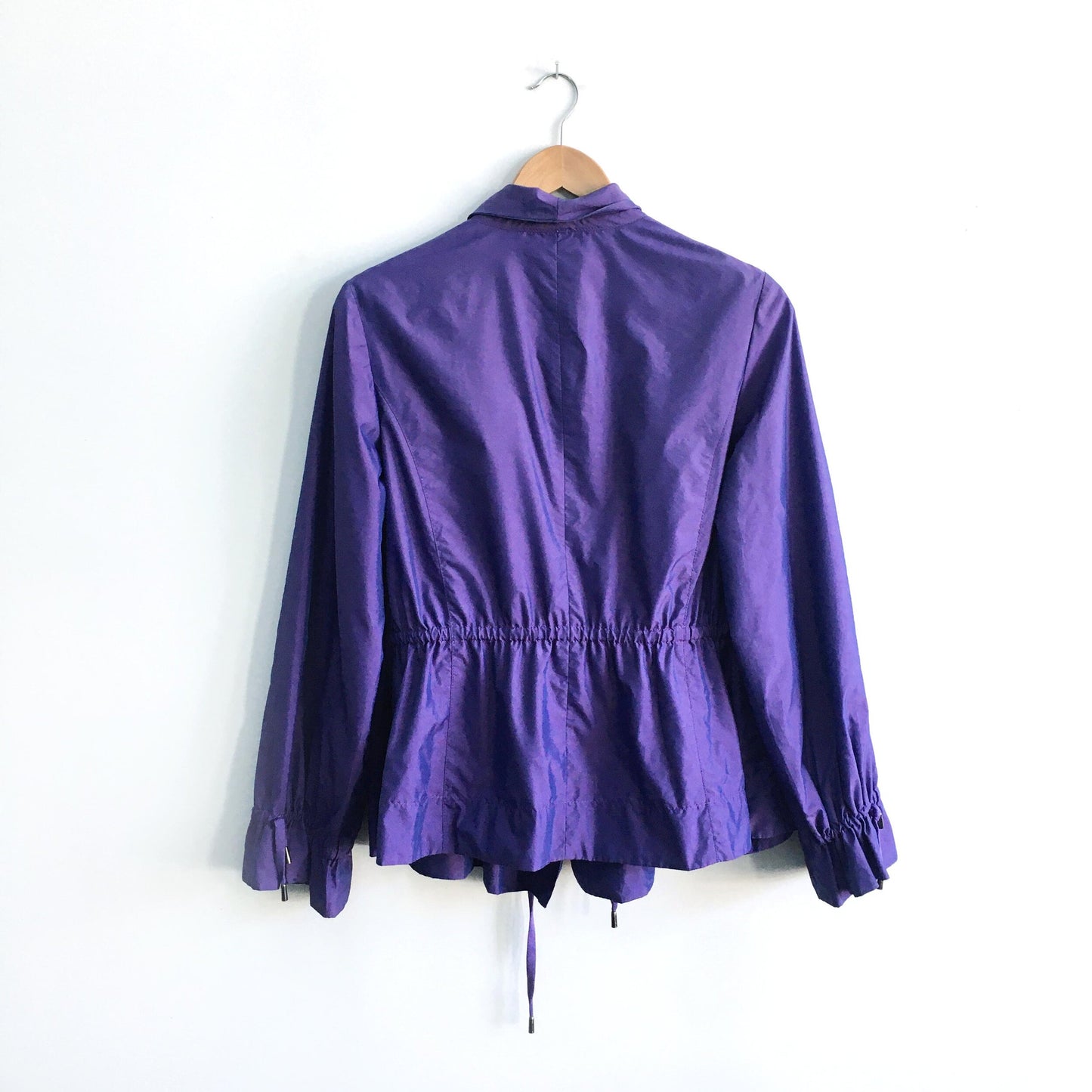 armani collezioni irredescent purple ruched waterproof jacket - size 8
