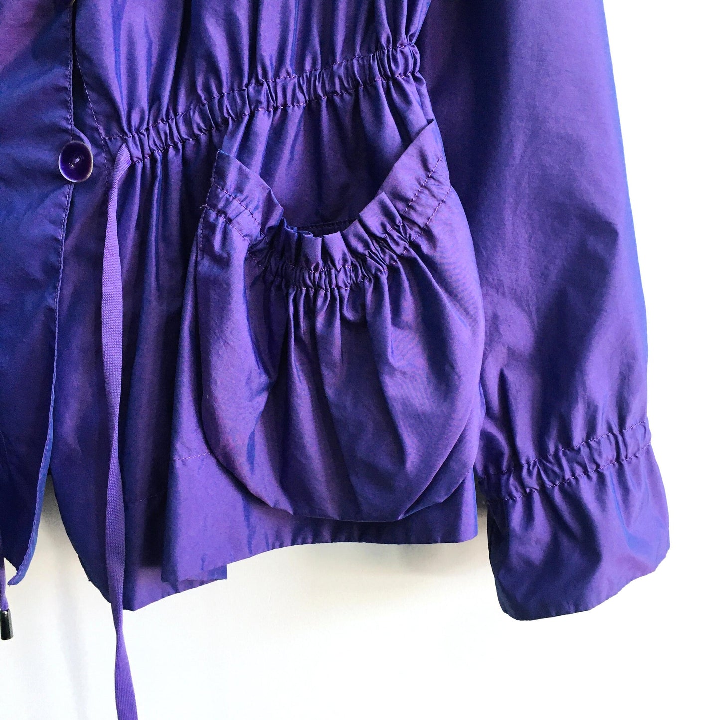 armani collezioni irredescent purple ruched waterproof jacket - size 8