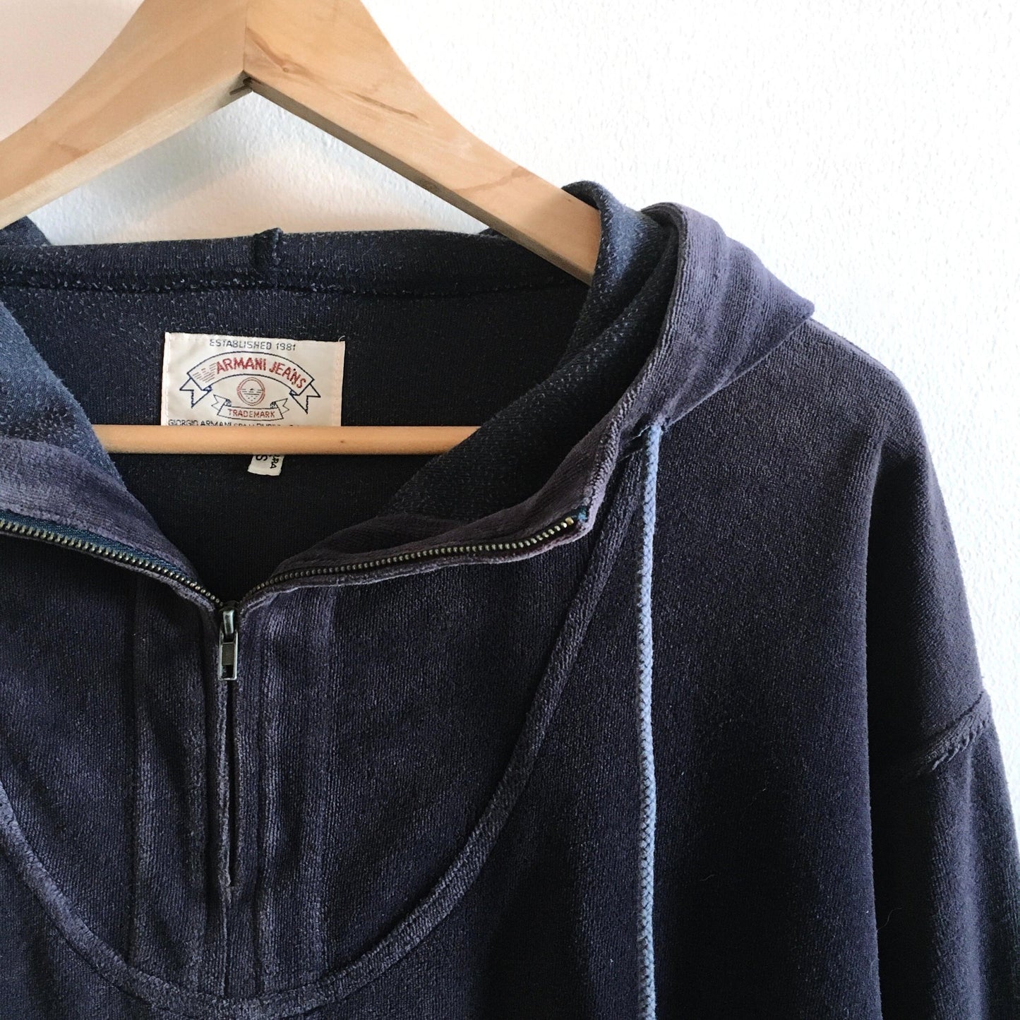 vintage armani velour 1/4 zip hoodie - size xs