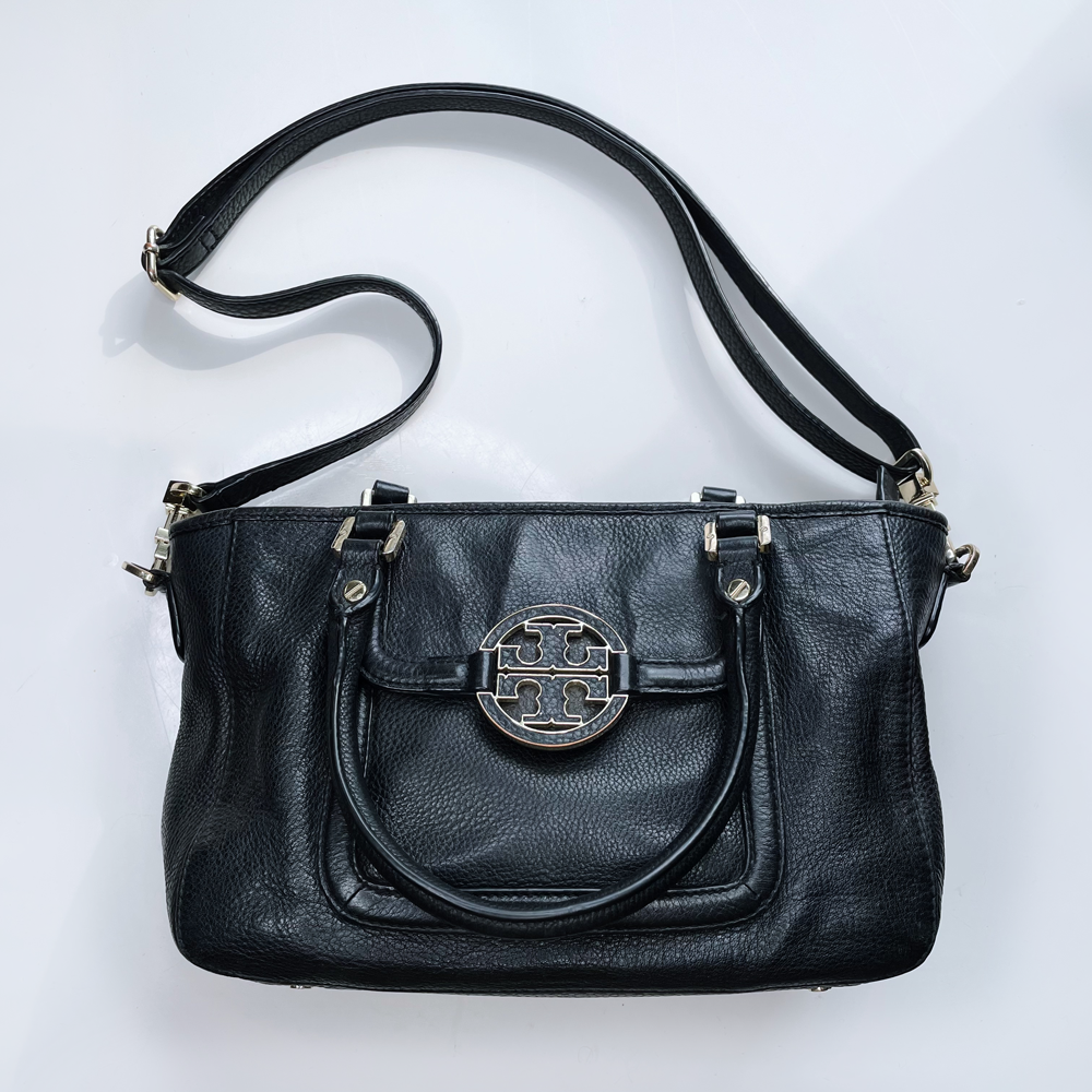 tory burch black leather amanda middy satchel cross body