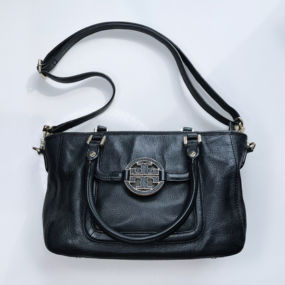 tory burch black leather amanda middy satchel cross body