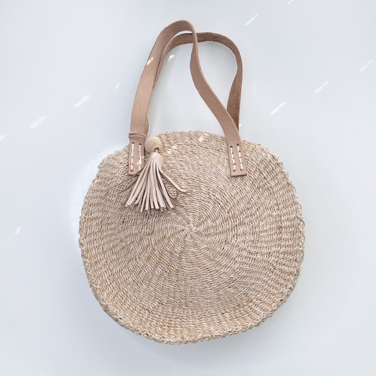 round summer rattan straw bag with leather handles