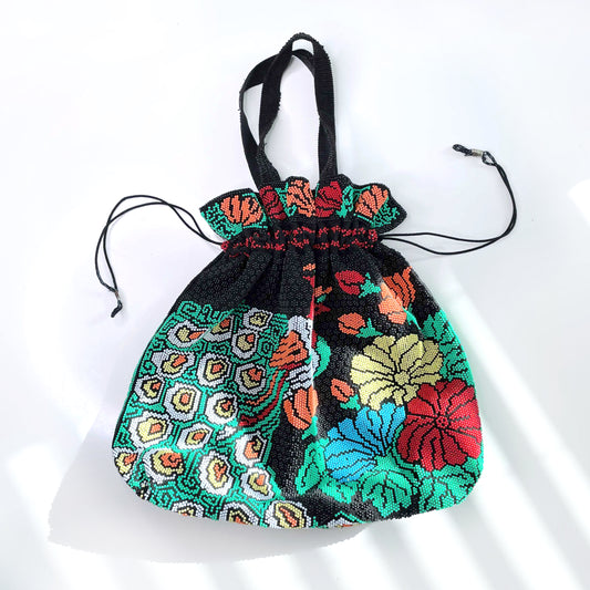 vintage 70's beaded peacock scene drawstring corduroy bag