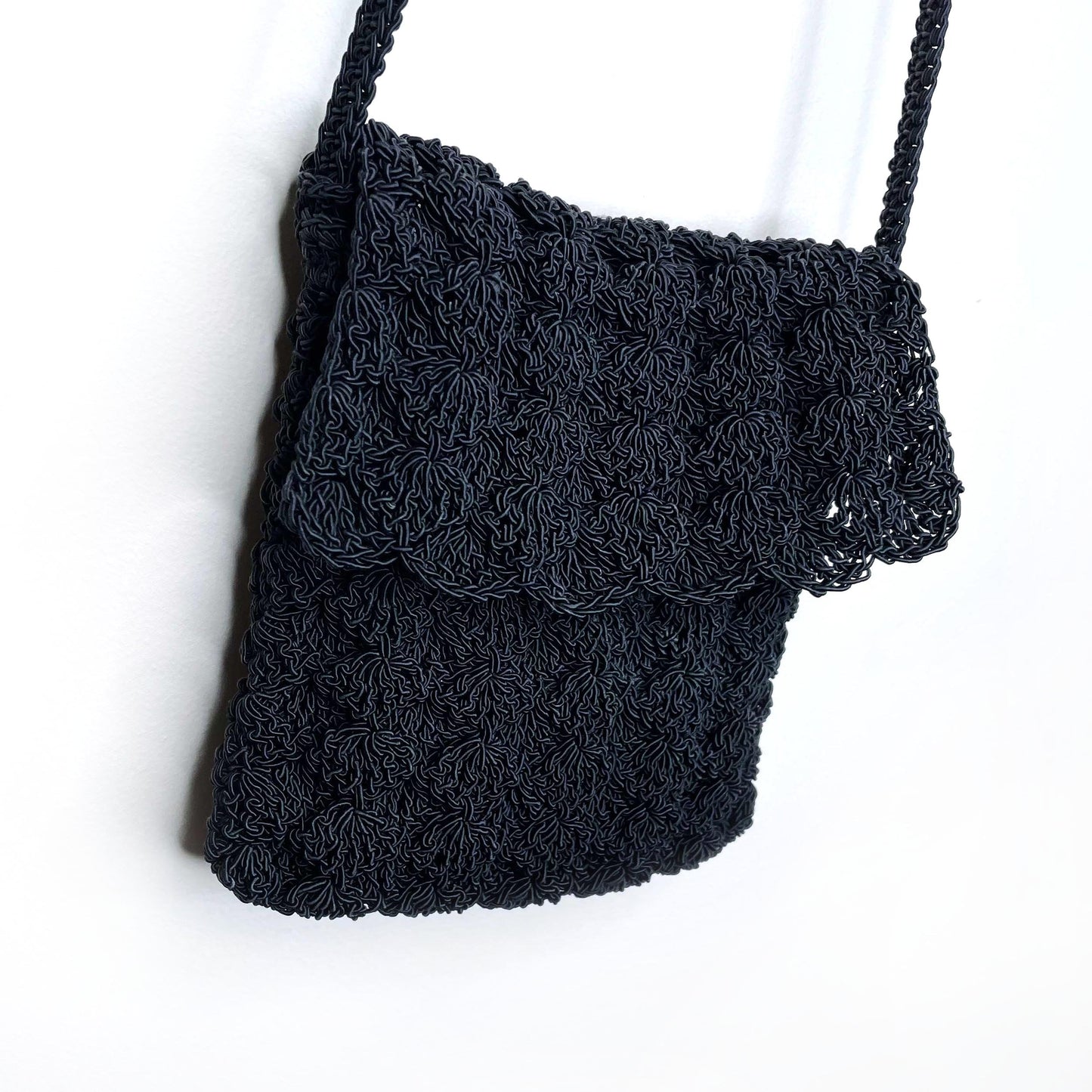 black crochet cross body bag with matching coin purse
