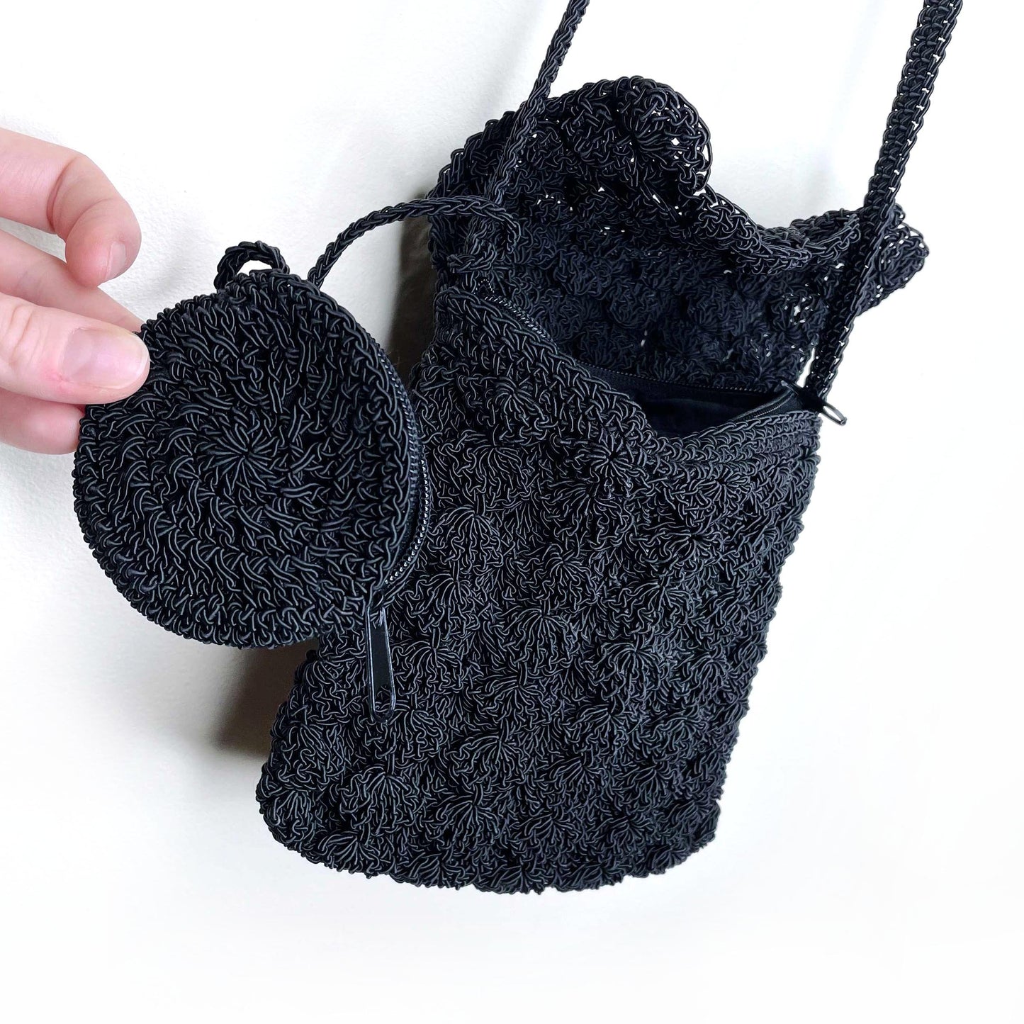 black crochet cross body bag with matching coin purse