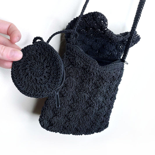 black crochet cross body bag with matching coin purse