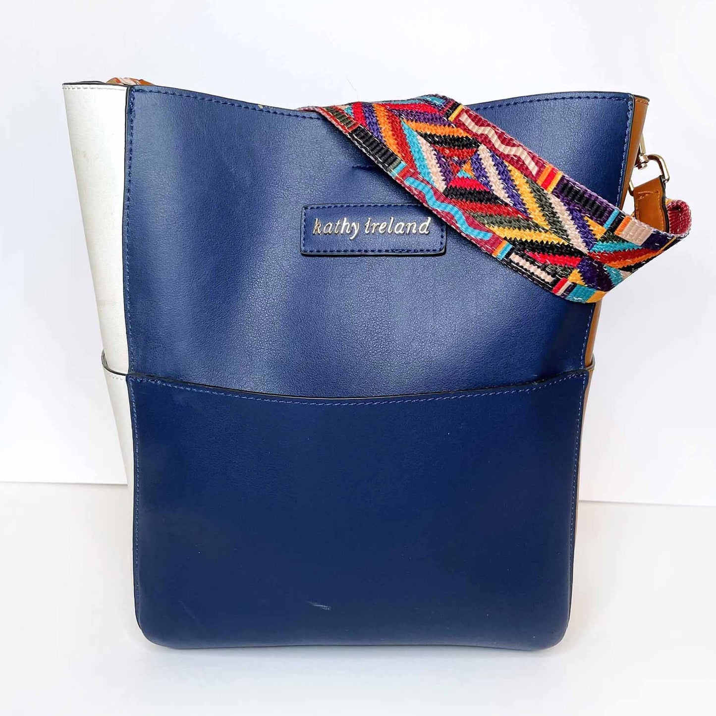 kathy ireland colour block vegan tote bag with boho woven strap