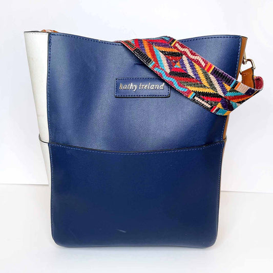 kathy ireland colour block vegan tote bag with boho woven strap