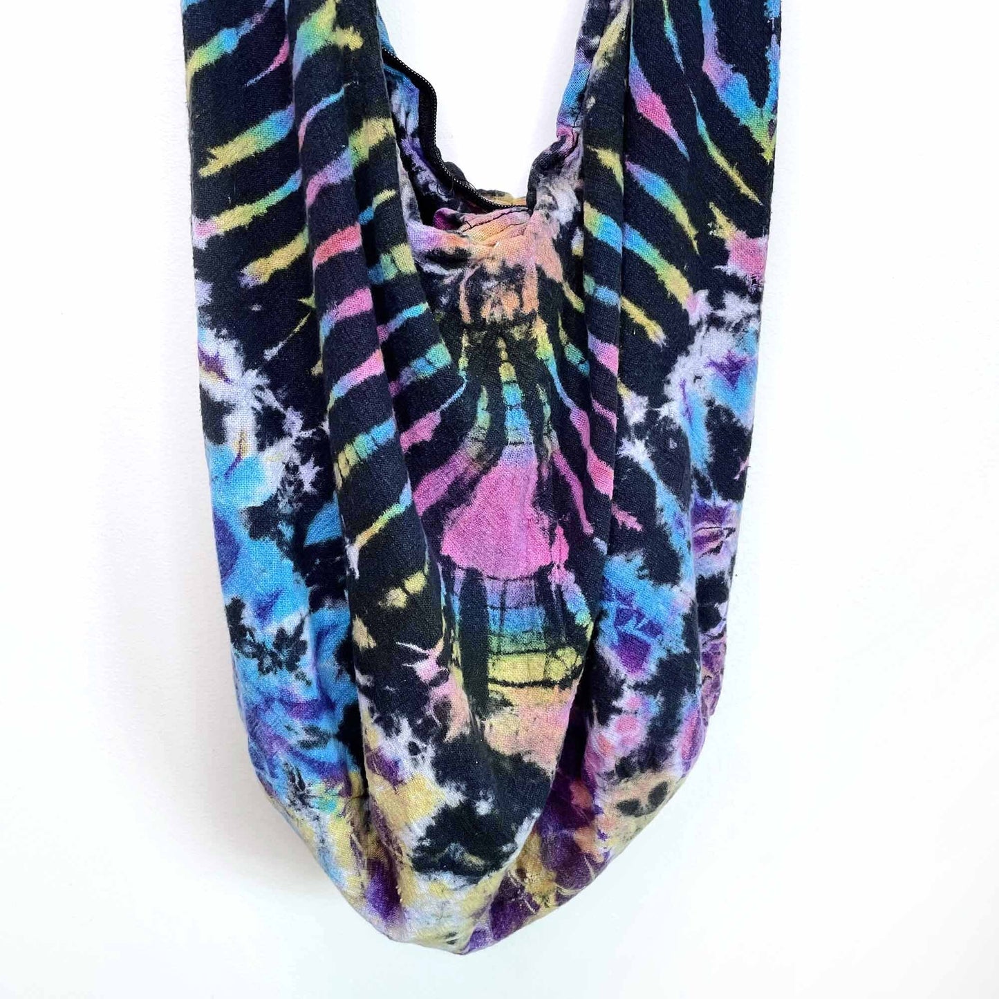 tie dye boho cross body bag with zip/button closure