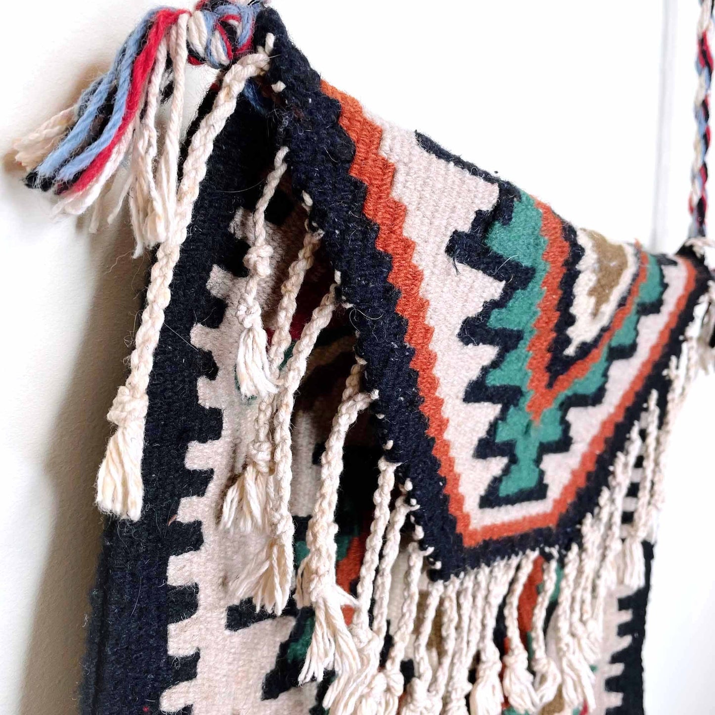 vintage woven wool turkish tribal boho kilim saddle tassel bag