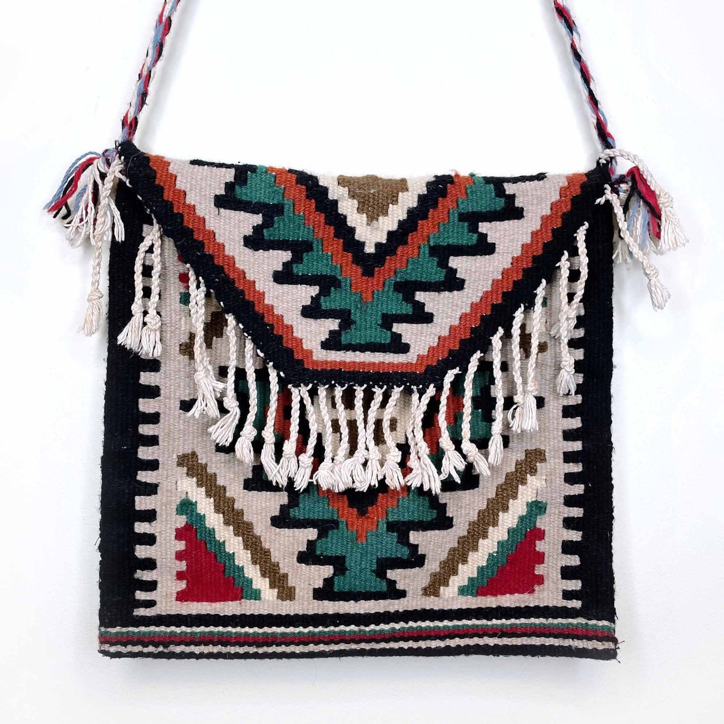 vintage woven wool turkish tribal boho kilim saddle tassel bag