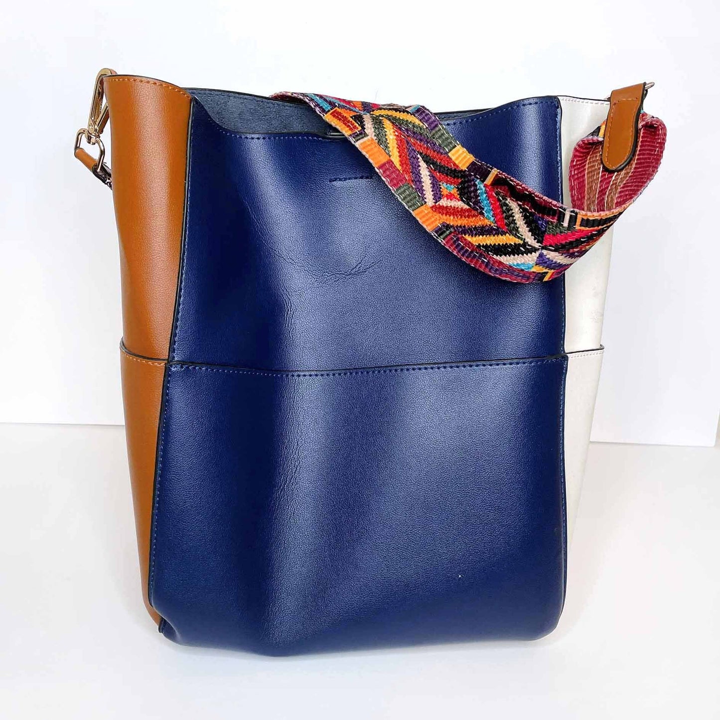 kathy ireland colour block vegan tote bag with boho woven strap