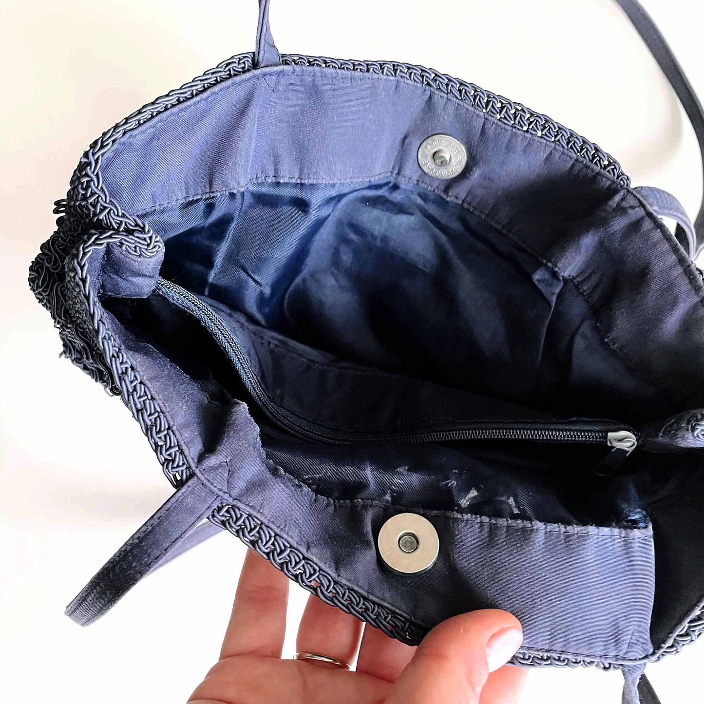 vintage navy blue boho crochet beach bag